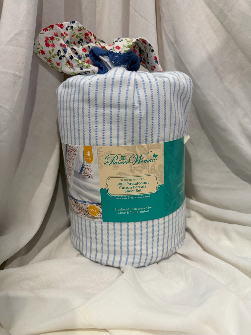 The Pioneer Woman Blue and White Pinstripe Cotton Percale Sheet Set
